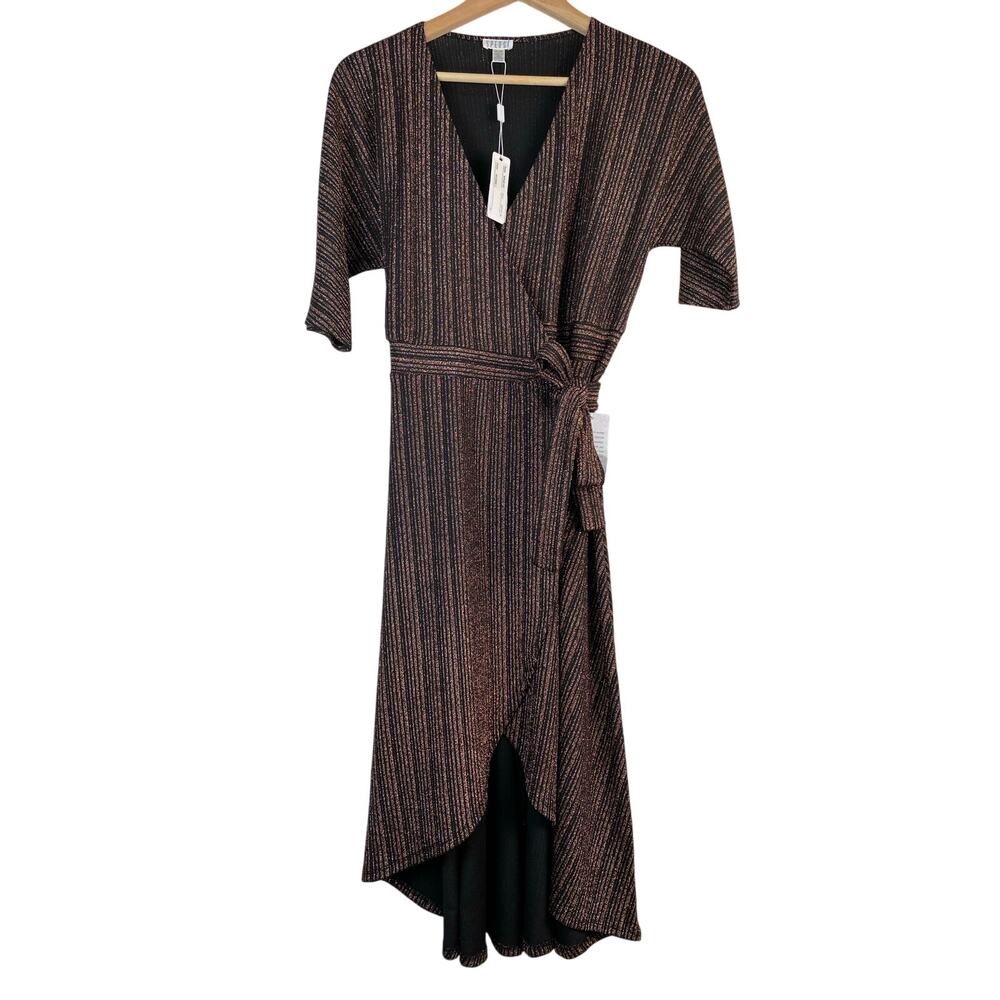 NWT Spense Women's Size XS Black Metallic Copper Hi-Low V-Neck Wrap Dress *